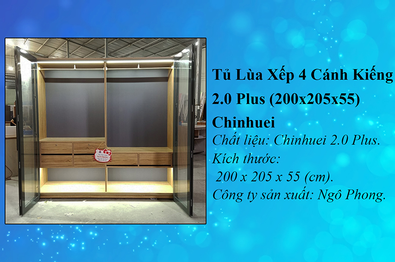 Tủ Lùa Xếp 4 Cánh Kiếng 2.0 Plus (200x205x55) Chinhuei